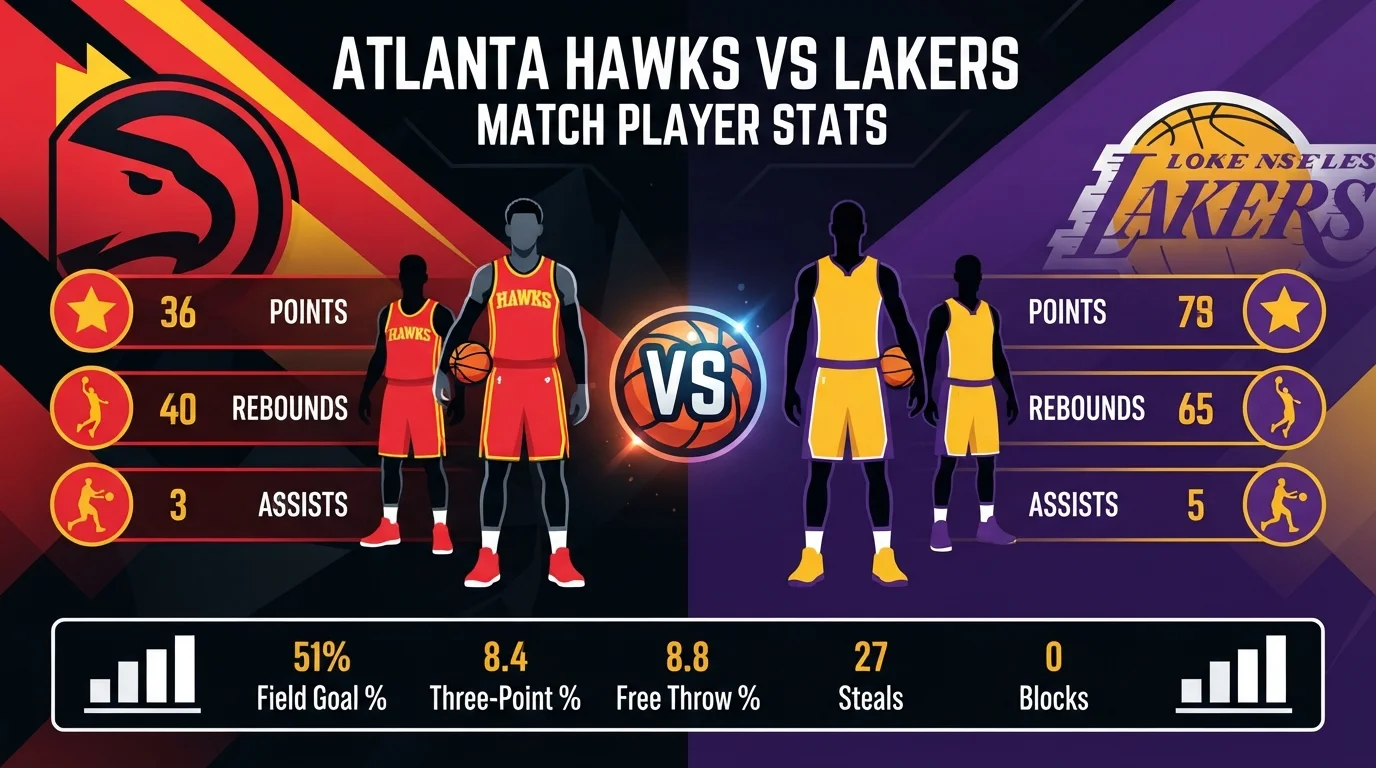 Atlanta Hawks vs Lakers match player stats infographic showing team colors, basketball icons, and a VS matchup design