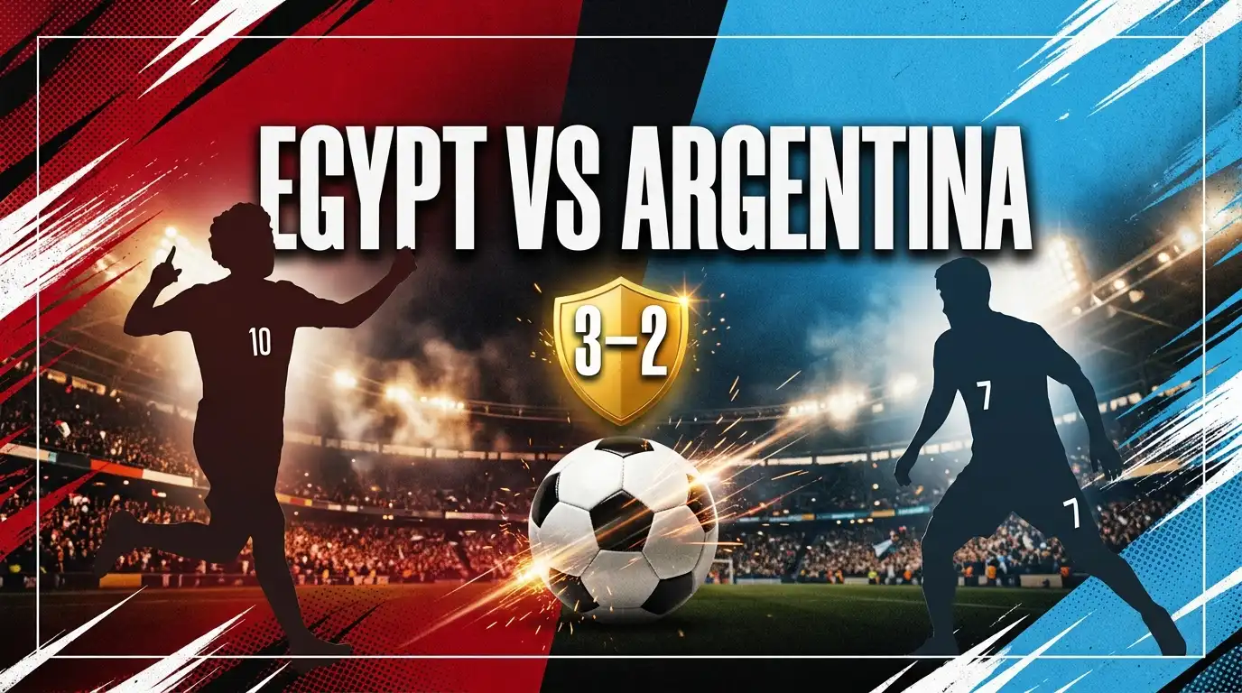 Egypt vs Argentina 3-2 World Cup 2026 match graphic with red and sky-blue split design and a football