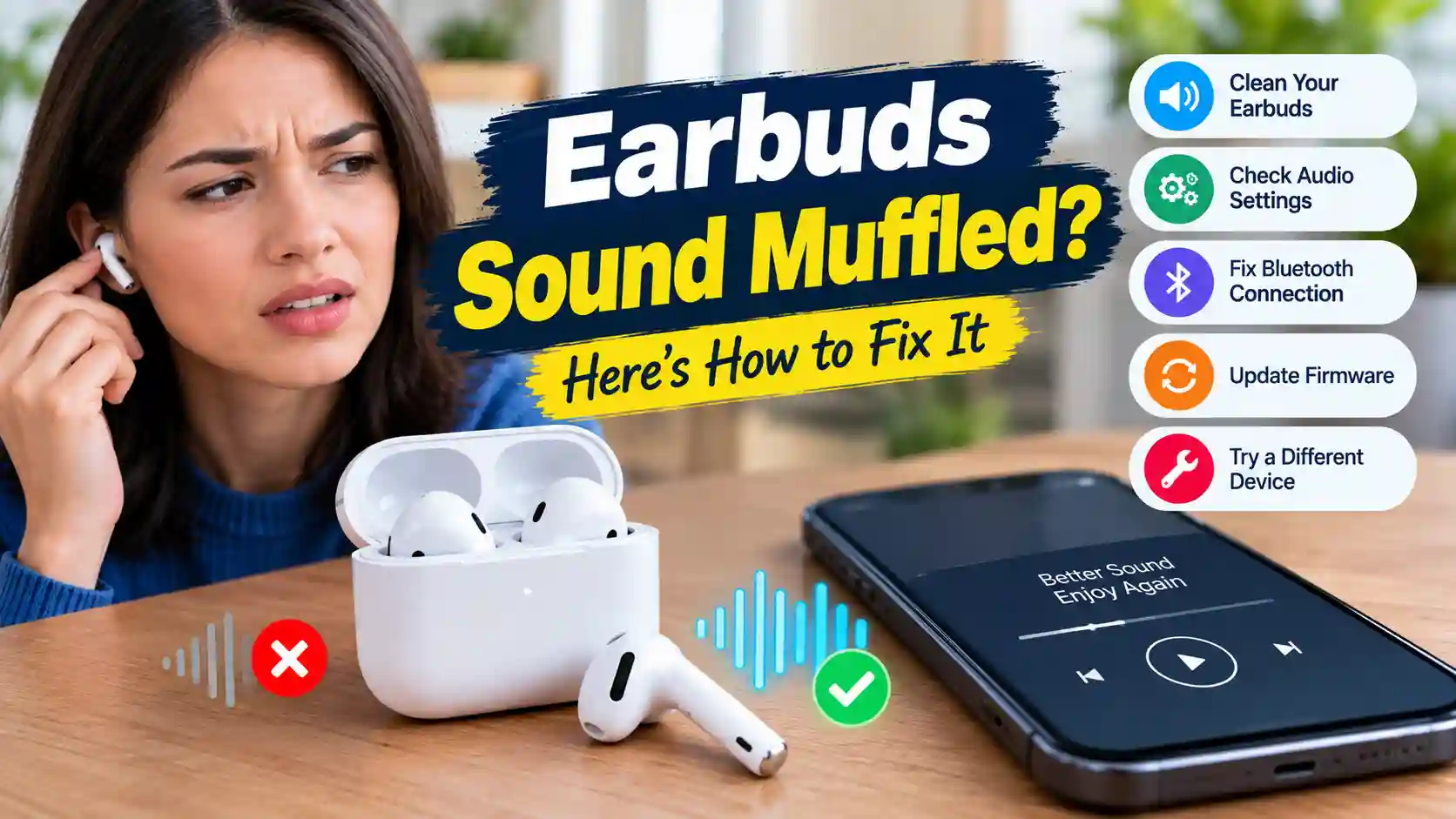 Earbuds sound muffled troubleshooting guide showing wireless earbuds, a charging case, and tips to improve audio quality.