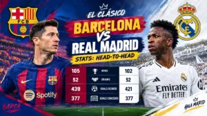 Barcelona vs Real Madrid stats head-to-head graphic with team logos, players, and comparison statistics.
