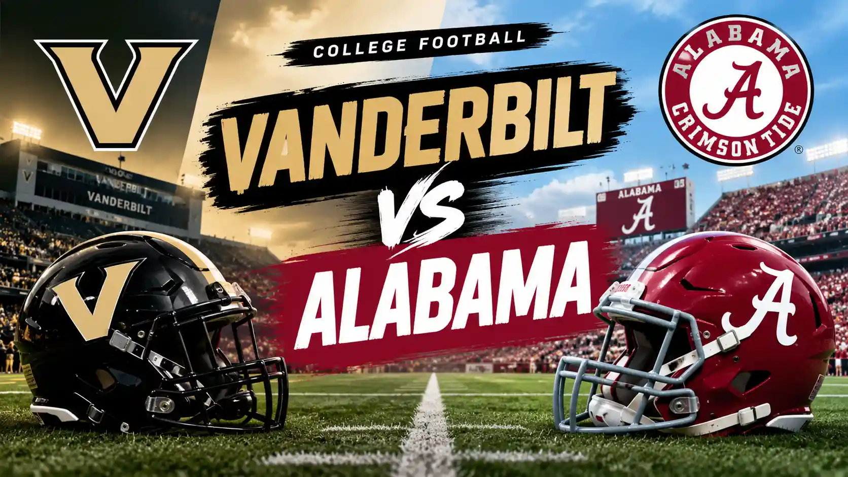 Vanderbilt vs Alabama college football matchup graphic with team helmets and stadiums.